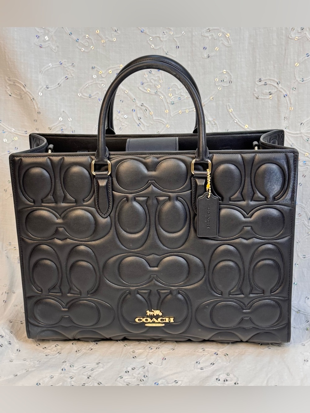 Coach Maggie Large Signature Smooth Leather Tote Black CY672 Like New